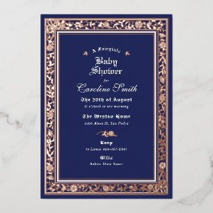 Ein Märchenwald Navy Blau Rosen Gold Baby Shower Folieneinladung