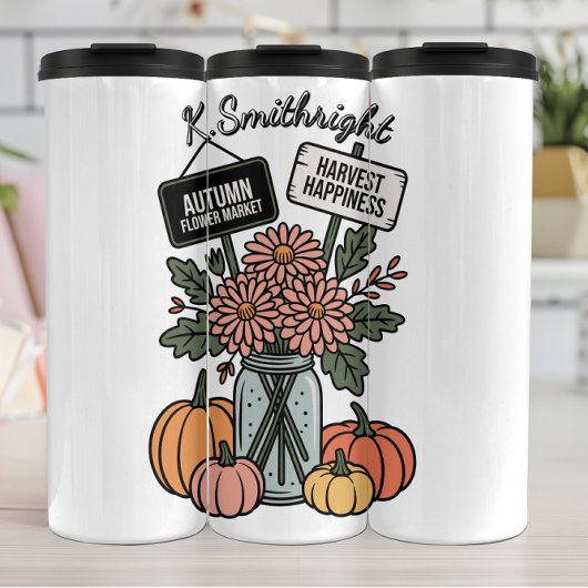 Ein Markt für Blume im Herbst und Pumpkin Thermosbecher