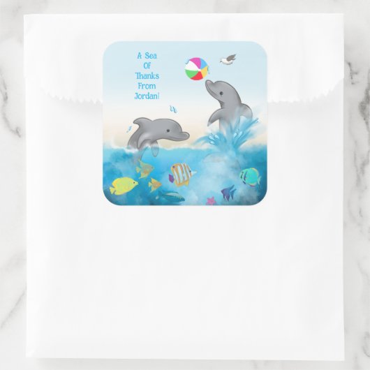 Ein Meer des Dankes Dolphin Ocean Volleyball Quadratischer Aufkleber (Tasche)