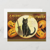 Ein Merry Hallowe'en Black Cat Pumpkins Vintag Postkarte (Vorne/Hinten)