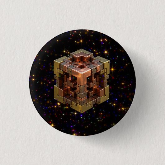Ein metallischer Fraktalwürfel mit farbigen Sterne Button (Vorderseite)