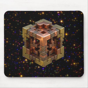 Ein metallischer Fraktalwürfel mit farbigen Sterne Mousepad