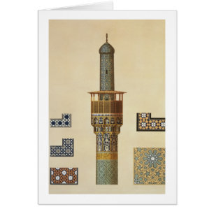 Ein Minarett und Keramik-Details von der Moschee
