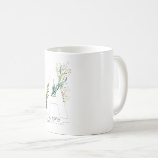 Ein Monogram Gold Greenery  eleganten Namen Kaffeetasse (VorderseiteRechts)