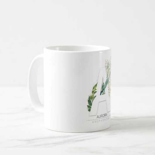 Ein Monogram Gold Greenery  eleganten Namen Kaffeetasse (Vorderseite Links)
