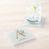 Ein Monogramm Eukalyptusgrün Imitate Goldfolie Glasuntersetzer (Schrägansicht)