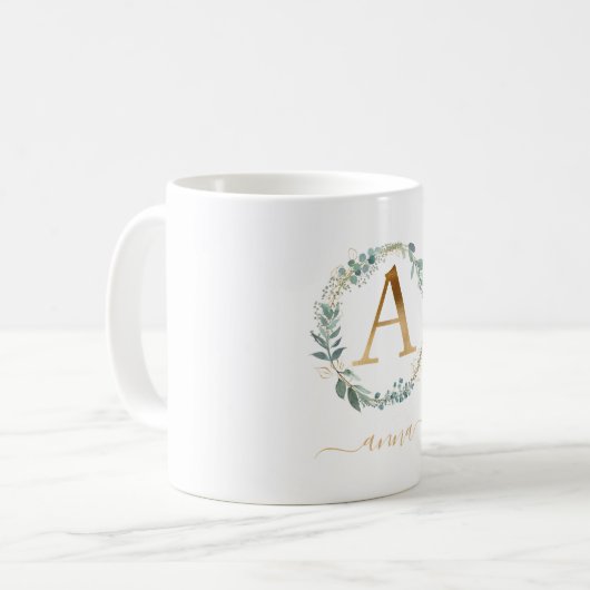 Ein monogramm, kundenspezifischer Blattkranz Kaffeetasse (Vorderseite Links)