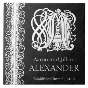 Ein Monogramm "Weiße Spitzen auf Schwarz" Hochzeit Fliese