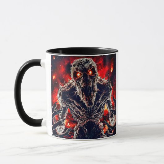 Ein Monster kommt aus den Flammen. Tasse (Links)