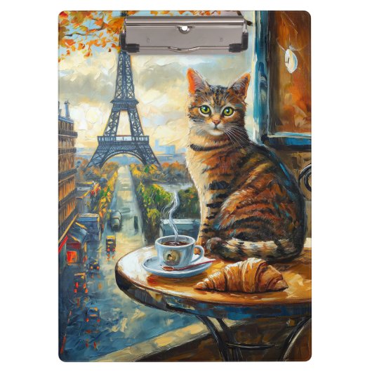 Ein Morgen in Paris | Getigelte Katze im Café Klemmbrett (Vorderseite)