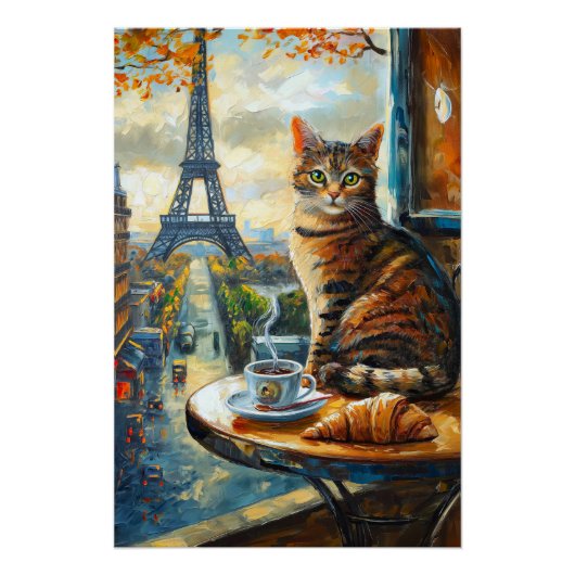 Ein Morgen in Paris | Getigelte Katze im Café Poster (Vorderseite)