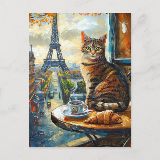 Ein Morgen in Paris | Getigelte Katze im Café Postkarte (Vorderseite)