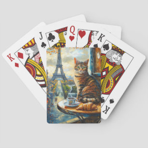 Ein Morgen in Paris   Getigerte Katze im Café Spielkarten
