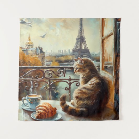 Ein Morgen in Paris | Ginger Cat im Café Wandteppich (Vorderseite)