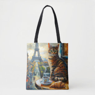 Ein Morgen in Paris Tabby-Katze im Café Tasche