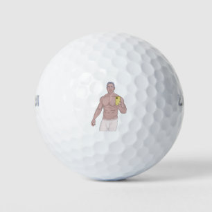 Ein muskulöser grauhaariger Mann macht ein Selfie Golfball