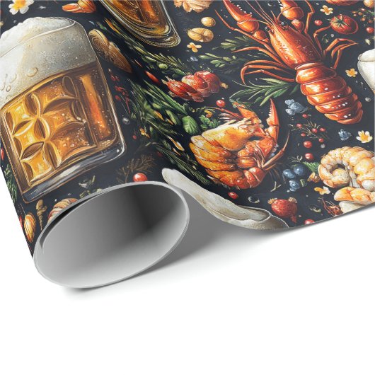 Ein Muster für Bier- und Meeresfrüchtefreunde. Geschenkpapier (Rolleneckpunkt)