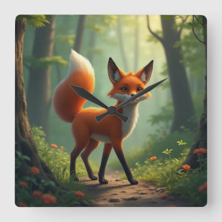 Ein mystischer Fuchs, der durch den Wald wandert Quadratische Wanduhr