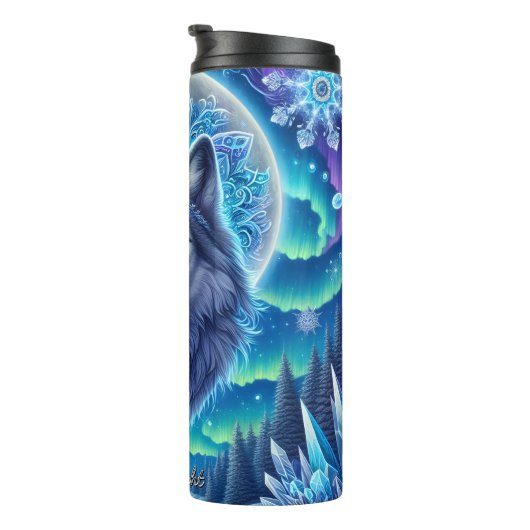 Ein mystischer Wolf unter dem Mond Thermosbecher (Nach rechts gedreht)