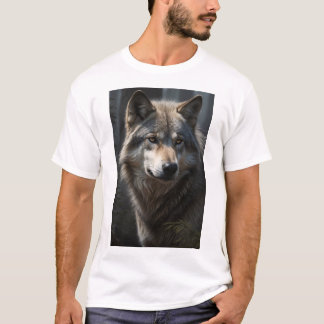 Ein naher T - Shirt eines grauen Wolfs