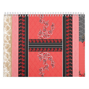 Ein nahes gemustertes, rotes und schwarzes Gewebe Kalender