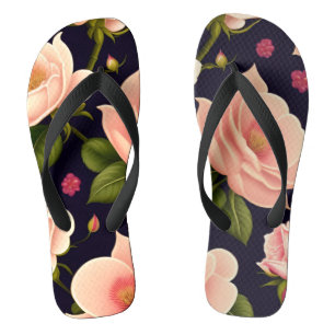 Ein nahtloses Muster mit rosa Rosen auf einem dunk Badesandalen