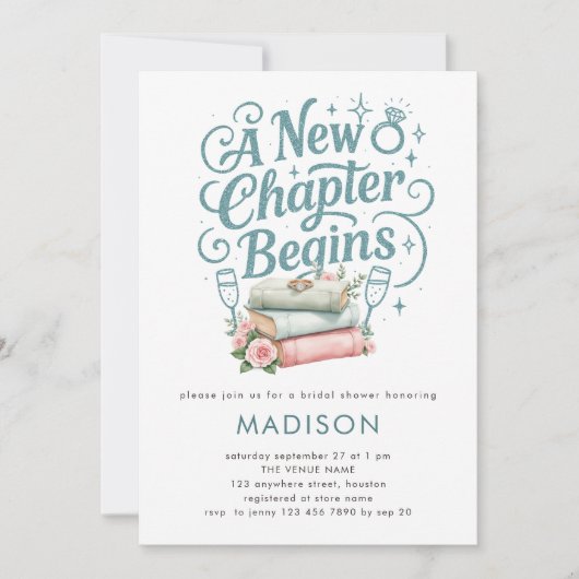 Ein neues Kapitel Aquamarin Imitate Glitzer Brautp Einladung (Vorderseite)