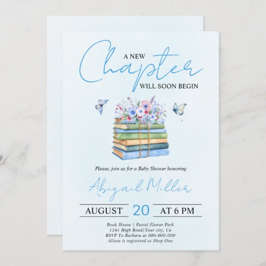 Ein neues Kapitel beginnt Blumenbuch Junge Dusche Einladung (Vorne/Hinten)