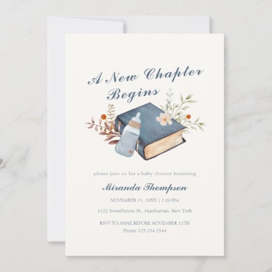 Ein neues Kapitel beginnt Buch Flasche Baby Dusche Einladung (Vorderseite)