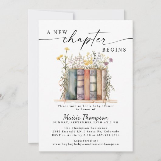 Ein neues Kapitel beginnt mit Baby-Dusche, Storybo Einladung (Vorderseite)