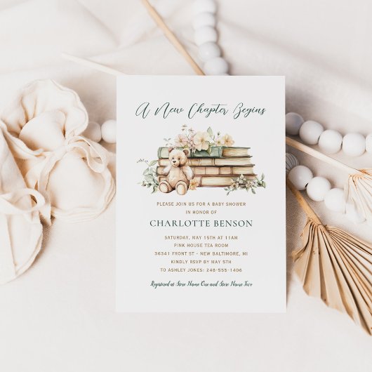 Ein neues Kapitel Blumenbuch Thema Babydusche Einladung