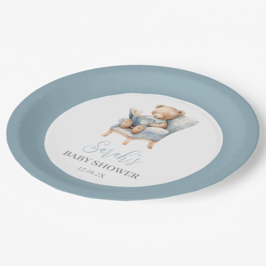 Ein neues Kapitel fängt Baby Shower Boy an Pappteller (Schrägansicht)
