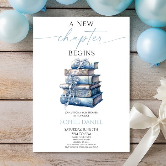 Ein neues Kapitel fängt Blue Bow Books Baby Shower Einladung