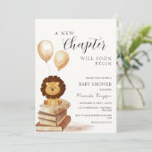 Ein neues Kapitel fängt die Löwenballon Babydusche Einladung (Stehend Vorderseite)