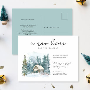 Ein neues Zuhause Winter-Aquarell-Hütte-Script Umz Feiertagspostkarte