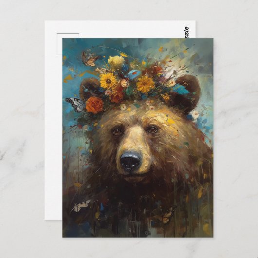 Ein Niedlicher Bär mit Blumenkronen Postkarte (Vorne/Hinten)