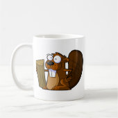 Ein niedlicher Cartoon-Biber-Charakter, der einen Kaffeetasse (Links)