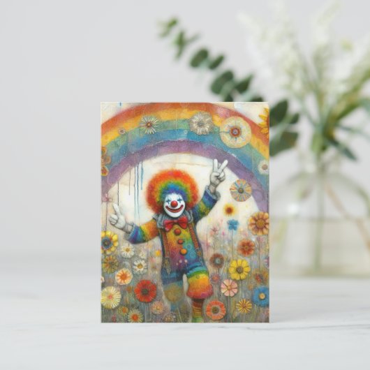 Ein Niedlicher Clown auf einer Regenbogenwiese Postkarte (Stehend Vorderseite)