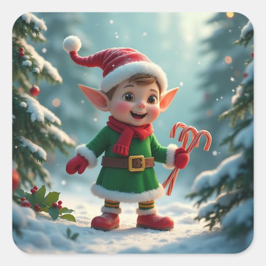 Ein niedlicher Elf mit einem Bonbons Quadratischer Aufkleber (Vorderseite)