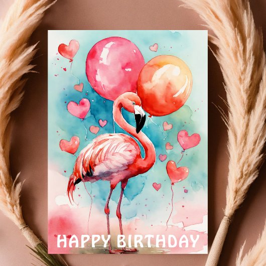 Ein Niedlicher Flamingo mit Ballonherz Geburtstag Karte