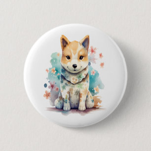 Ein niedlicher, gut benommen Hund in einem blumige Button