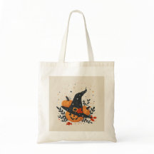 Ein niedlicher Hexenhut mit Kürbissen und Blätter