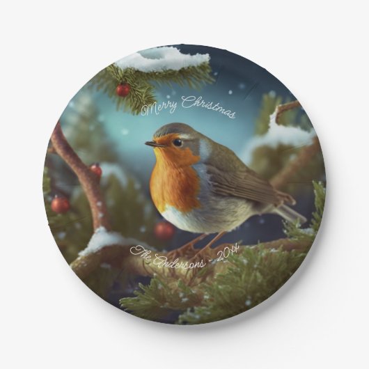 Ein niedlicher Robin auf einem Weihnachtsbaumpapie Pappteller (Vorderseite)