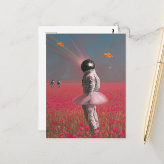 Ein niedlicher surrealer Astronaut mit Diskokugel Postkarte (Vorderseite/Rückseite Beispiel)