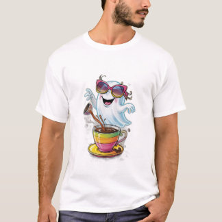 Ein niedlicher, unbeholfener Geist, der Kaffee aus T-Shirt