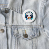 Ein niedlicher und spukhafter Geist mit Kopfhörern Button (Beispiel)