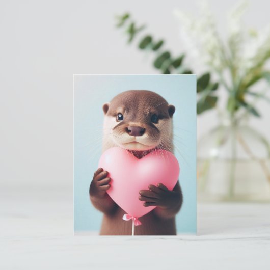 Ein niedlicher Valentine Otter Pink Heart Ballon Postkarte (Stehend Vorderseite)