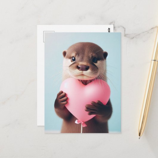 Ein niedlicher Valentine Otter Pink Heart Ballon Postkarte (Vorderseite/Rückseite Beispiel)