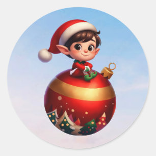 Ein niedlicher Weihnachtself, der auf einem riesig Runder Aufkleber