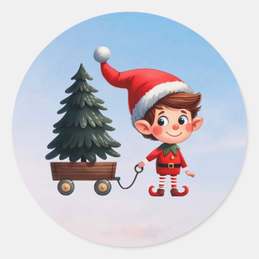 Ein niedlicher Weihnachtself, der einen Wagen mit  Runder Aufkleber (Vorderseite)